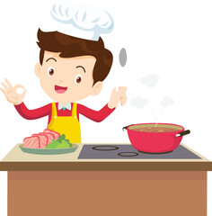 Cooking children boy Little kids making delicious food professional chef