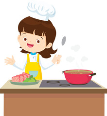 Cooking children girl Little kid making delicious food professional chef