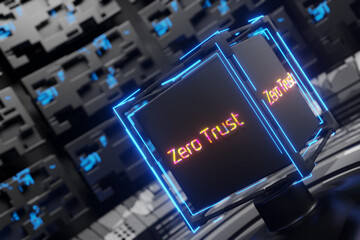 inscription zero trust on the technological design. Network connection concept. Zero trust security model. Secure network. 3D rendering.