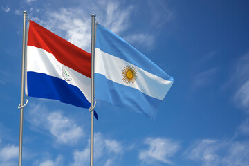 Fototapeta na wymiar Republic of Paraguay and Argentina Flags Over Blue Sky Background. 3D Illustration