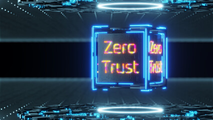 The inscription zero trust on a technology cube. Network connection concept. Zero trust security model. Secure network. 3d render.