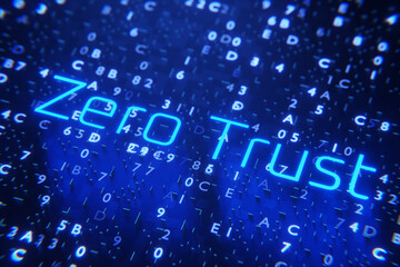 Lettering zero trust on a digital background. Network connection concept. Zero trust security model. Secure network. 3d render. - obrazy, fototapety, plakaty