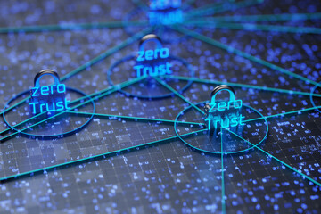 Network connection concept. Zero trust security model. Secure network. 3d render. - obrazy, fototapety, plakaty