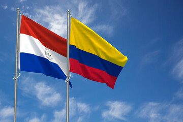 Republic of Paraguay and Republic of Colombia Flags Over Blue Sky Background. 3D Illustration