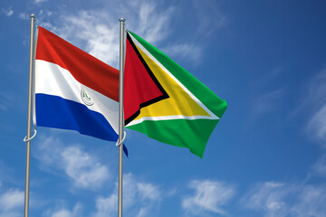 Republic of Paraguay and Co-operative Republic of Guyana Flags Over Blue Sky Background. 3D Illustration