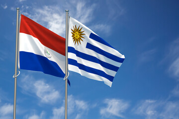 Republic of Paraguay and Oriental Republic of Uruguay Flags Over Blue Sky Background. 3D Illustration
