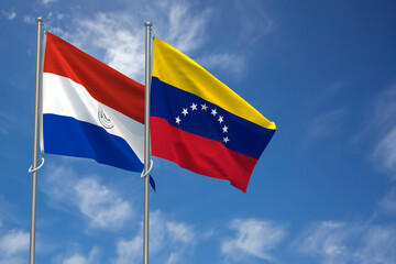 Fototapeta na wymiar Republic of Paraguay and Bolivarian Republic of Venezuela Flags Over Blue Sky Background. 3D Illustration