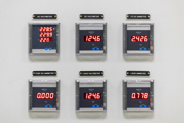 Machines Instrument panel for electric energy Voltage Regulator Panel Current and Voltage Meters To check and prevent and control the damage from unstable electricity. - obrazy, fototapety, plakaty