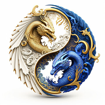 yin yang symbol, two dragons fight, generative AI