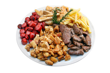 Plate of snacks, meat, potatoes, sausage, cracklings