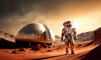 Astronaut on mars the red planet. Landscape with desert and mountains, Colonization of Mars,  generative ai