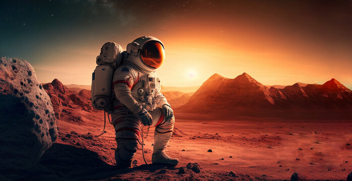 Astronaut on mars the red planet. Landscape with desert and mountains, Colonization of Mars,  generative ai