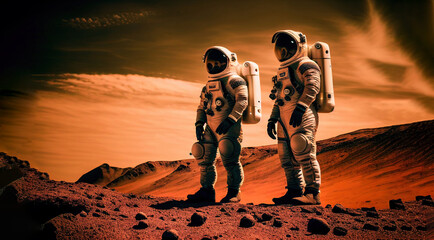 Astronaut on mars the red planet. Landscape with desert and mountains, Colonization of Mars,  generative ai