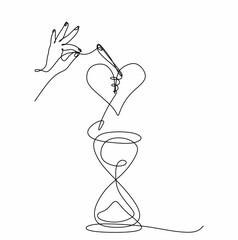 continuous drawing using a single hourglass line, hands, needles with thread and a heart. The concept of time and a broken heart