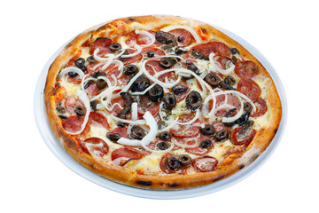 Pizza with olives, pepperoni and onion