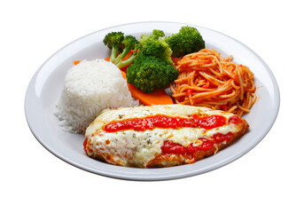 parmigiana steak with pasta, rice and vegetables