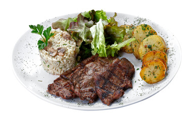 Beef steak with potatoes and rice in isolated white background