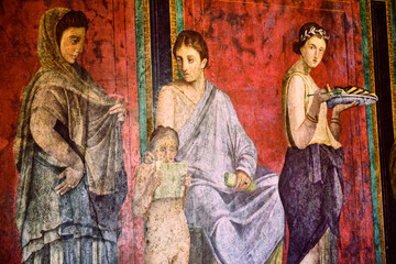 detail of the ancient painting in the Villa of the Mysteries in Pompeii. Pompeii was destroyed by the volcanic eruption of Vesuvius in 79 BC