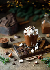 Hot chocolate with marshmallows on dark background. Hot beverage with cocoa 