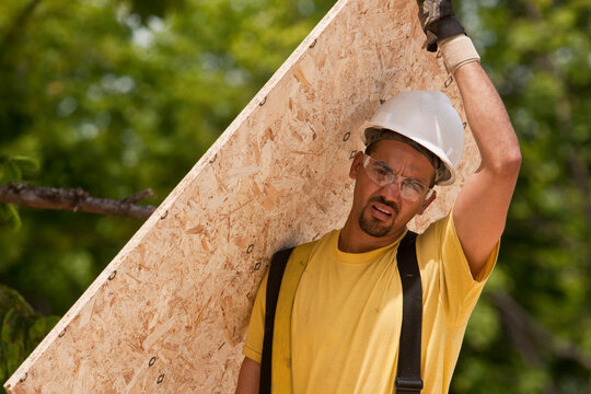 Carpenter carrying a particle board