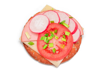 Crispy Cracker Sandwich with Tomato, Sausage, Cheese, Green Onions and Radish - Isolated on White. Easy Breakfast. Diet Food. Quick and Healthy Sandwiches. Crispbread with Tasty Filling - Isolation