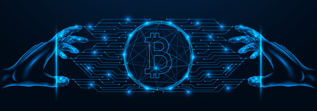 Access to cryptocurrency. Transformation of hands into digital form. Polygonal design of lines and dots. Blue background.