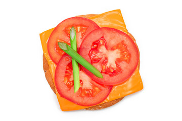 Crispy Cracker Sandwich with Tomato, Cheese and Green Onions - Isolated on White. Easy Breakfast. Quick and Healthy Sandwiches. Crispbread with Tasty Filling. Healthy Dietary Snack - Isolation