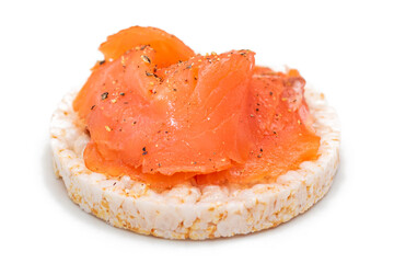 Tasty Rice Cake Sandwich with Fresh Salmon Slices Isolated on White. Easy Breakfast and Diet Food. Crispbread with Red Fish. Healthy Dietary Snack - Isolation