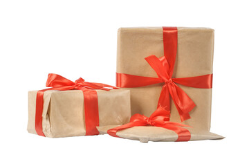 Wrapped gifts tied with red ribbons. Gifts in wrapping paper isolated png with transparency