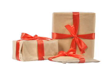 Wrapped gifts tied with red ribbons. Gifts in wrapping paper isolated png with transparency