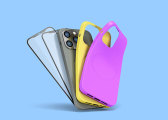 multicolored band phone cases and screen protection glass presentation for showcase 3d render on blue