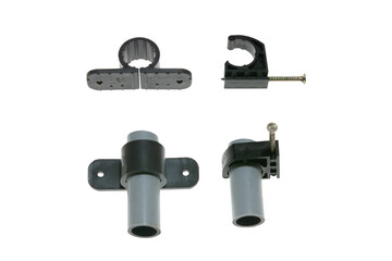 Fasteners for water pipes in a wooden house isolated on a white background