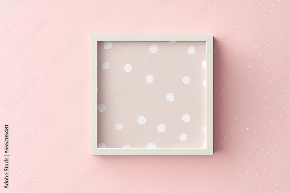 Poster a white square frame with a white polka dot pattern on a pink background with a white spotty pattern