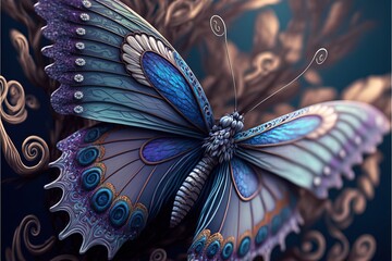  a blue butterfly with intricate designs on its wings flying in the air with a blue background and a gold border. Generative AI