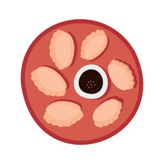 Jiaozi. Chinese New Year fried dumplings. Chopsticks, soy sauce. For menu, cafe, advertising