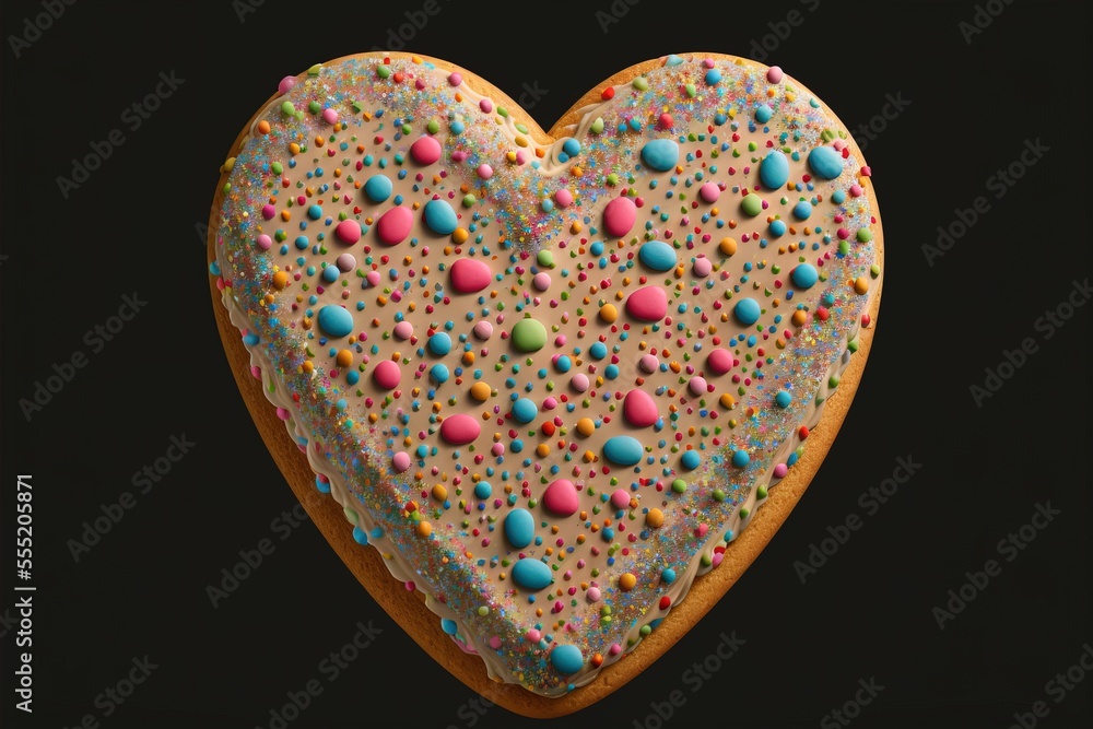 Poster a heart shaped cookie with sprinkles and colored frosting on a black background with a black backgro