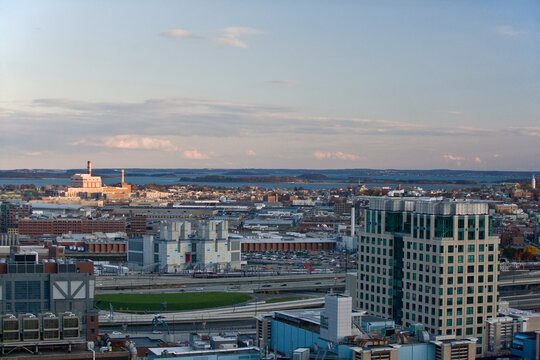 Buildings in a city, Interstate 93, Boston Harbor, Boston, Massachusetts, USA