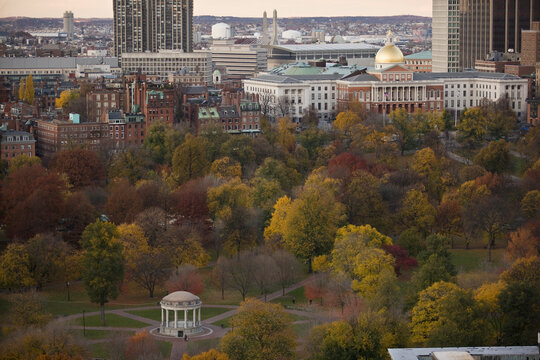 Gazebo in a park with buildings in the background, Parkman Bandstand, Boston Common, Massachusetts State Capitol, Beacon Hill, Boston, Massachusetts, USA
