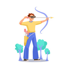 Man in Augmented Reality Glasses Shooting with Bow and Arrow Vector Illustration
