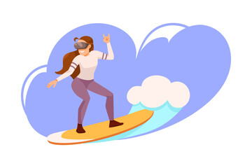 Woman in Augmented Reality Glasses Riding on Wave with Surfboard Vector Illustration