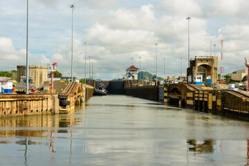 Approaching the Miraflores locks on the Panama canal