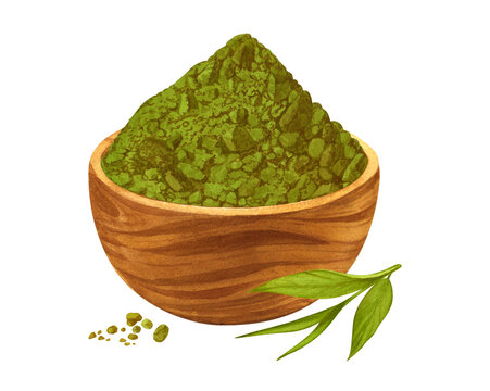 green matcha powder in wooden bowl clip art preview