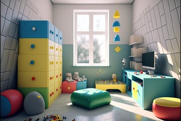 Game room. Kindergarten, interior of new premises. Close-up. Generative AI
