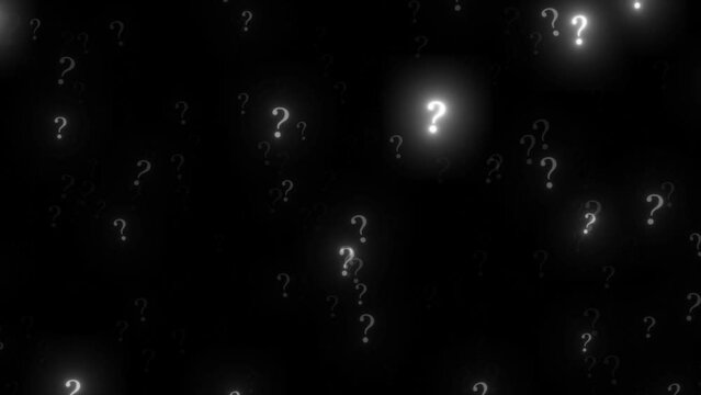 Glowing White Question Mark Flying On Black Background. Animation Of White Glowing Question Mark Over Black Background, Question Mark Icon Floating On Screen	