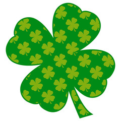 Día de San Patricio. Símbolo de suerte. Silueta aislada de trébol rellena con patrón repetitivo con trébol de 4 hojas