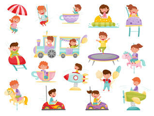 Kids in Amusement Park Swinging and Riding Carousel Attraction Vector Set