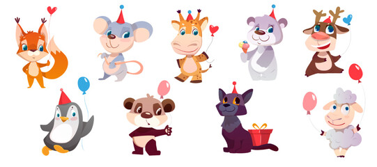 Cute Animals Greeting with Birthday in Hat with Heart Vector Set