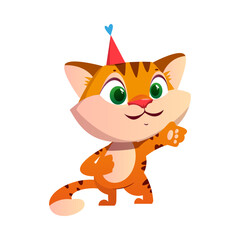 Cute Striped Tiger Greeting with Birthday in Hat Vector Illustration