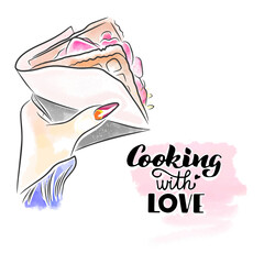 Cuisine with love, hand lettering, delicious fruit waffles, trendy manicure in hand, street food