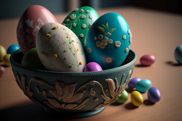 Easter eggs colored and painted with different shapes and colors, close up